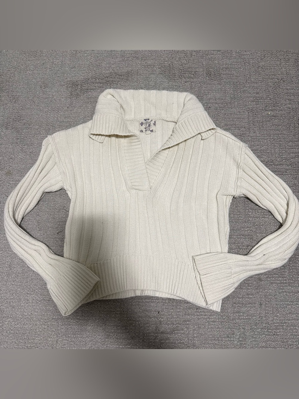 Hippie Rose Cream Ribbed V-Neck Sweater with Fold-Over Collar